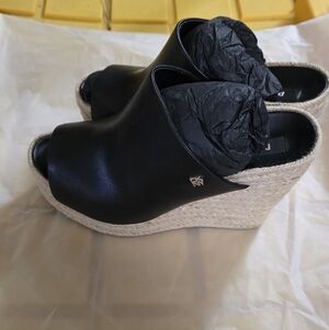 DKNY Black and Cream Wedge Mules